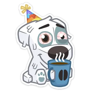 ☕️ chien, fête, tasse, sommeil, dessin animé, fatigué, chapeau de fête, animal whatsapp sticker