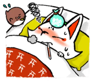 🤒 doente, raposa, termômetro, febre, doença, desenho animado whatsapp sticker