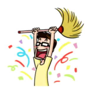😃 celebration, confetti, happy, joy, party, cartoon, man, broom telegram sticker