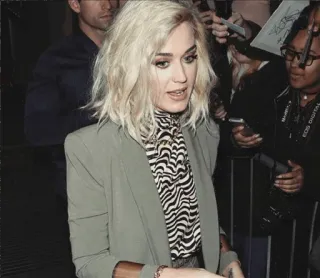 🌱 Katy Perry, selebriti, penyanyi, wanita, rambut pirang, blazer hijau, kemeja motif zebra telegram sticker