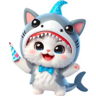 🥳 chaton, chat, requin, animal, mignon, fête, dessin animé telegram sticker