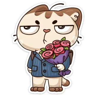 💐 chat, bouquet, roses, dessin animé, animal, autocollant, mignon telegram sticker