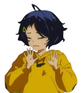 🤔 Anime, Mädchen, Gelb, Hoodie, Verlegen, Ausdruck, Cartoon, Figur telegram sticker