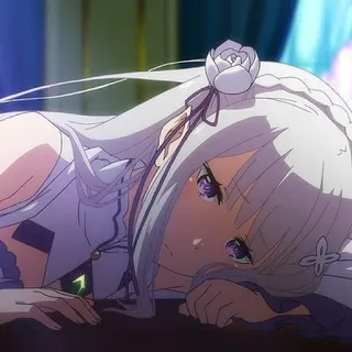 🦕 Emilia Re:Zero anime, sad, lying down, white hair, purple eyes telegram sticker