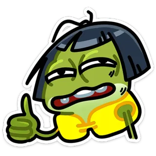 👍 Hoạt hình, Xanh lá, Châu Á, Giơ ngón tay cái, Tích cực, Thân thiện, Hình dán telegram sticker