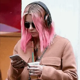 🍓 woman, pink hair, headphones, sunglasses, phone, coffee telegram sticker