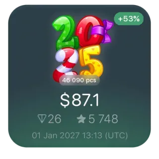 🎄 20
25
46 090 pcs
$87.1
26
5 748
+53%
01 Jan 2027 13:13 (UTC) 数字, 价格, 日期, 时间, 拐杖糖, 礼物 telegram sticker