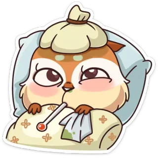🤒 eule, krank, krankheit, thermometer, kühlpack, cartoon, tier telegram sticker