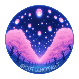 🌳 @CUTEENOTART lanterns, cherry blossoms, trees, sky, night, artwork telegram sticker