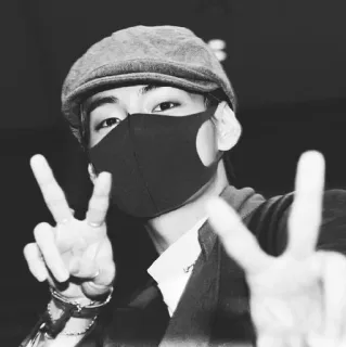 🎲 사람, 모자, 마스크, 평화 기호, 흑백, k팝 telegram sticker
