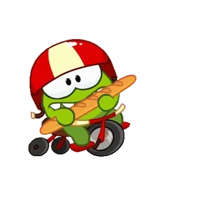 🥸 Om Nom Cut the Rope Om Nom, Cut the Rope, Desenho animado, Bicicleta, Pão, Capacete, Monstro verde whatsapp sticker