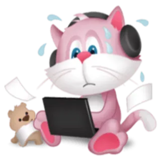⌨ gatto, computer, cuffie, laptop, preoccupato, stressato, cartone animato telegram sticker
