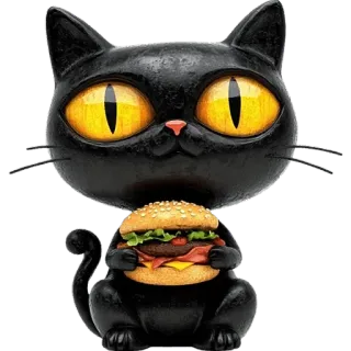 🍔 kot, czarny kot, burger, jedzenie, zwierzę, zwierzę domowe, kreskówka whatsapp sticker