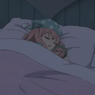 😴 tidur, gadis anime, ranjang, malam, rambut merah muda whatsapp sticker