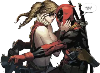 😏 Deadpool JESUS WEPT! キス, コミック, 銃, スーパーヒーロー, 暴力, 武器, 愛, キャラクター telegram sticker