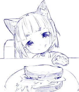 🍔 gadis anime, telinga kucing, sandwich, ilustrasi, imut, sketsa, makanan telegram sticker