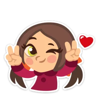 💖 Cartoon, Mädchen, Friedenszeichen, Zwinkern, Süß, Herz, Liebe whatsapp sticker