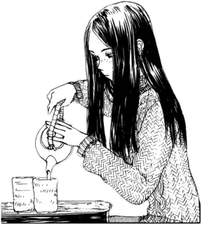 🍵 женщина, наливает чай, чай, длинные волосы, свитер, чашка, напиток, монохромный telegram sticker