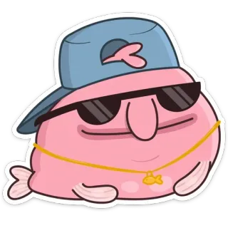 😎 blobfish, cartoon, fish, sunglasses, hat, gold chain telegram sticker