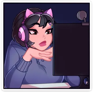 💻 wanita, anime, gamer, headphone, komputer, telinga kucing, kartun telegram sticker