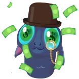 🤑 uang, kekayaan, kaya, simbol dolar, kartun, topi, kacamata tunggal, kesuksesan telegram sticker
