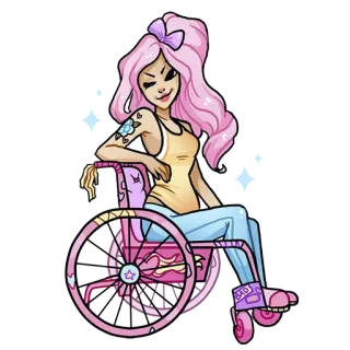 😉 cadeira de rodas, cabelo rosa, deficiente, personagem, ilustração, moda, fofo telegram sticker