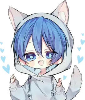 😃 anime, cartoon, blue hair, chibi, cute, hearts, wolf, cat, hoodie whatsapp sticker