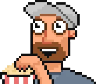 😊 Пиксель арт, Мужчина, Попкорн, Борода, Шляпа, Смотрит telegram sticker