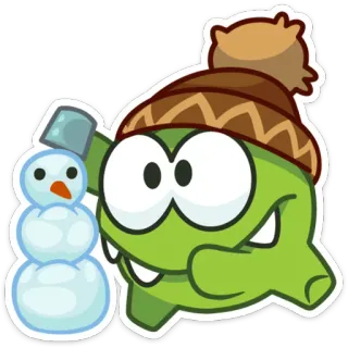 🐸 Om Nom Cut the Rope Om Nom, Cut the Rope, зима, снеговик, милый, мультфильм telegram sticker