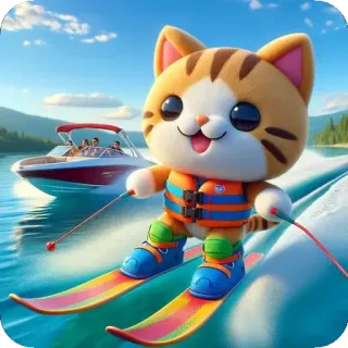 💜 кот, водные лыжи, лодка, озеро, мультфильм, водный спорт telegram sticker