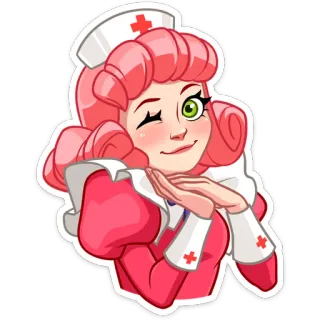 😉 enfermera, médico, dibujos animados, pelo rosa, guiño, amigable whatsapp sticker