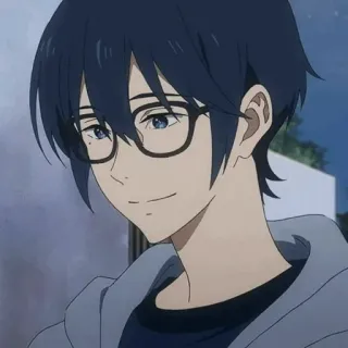 ⛓ Anime, Mann, Brille, Porträt, blaue Haare, lächelnd, Cartoon telegram sticker