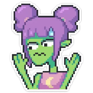 🥴 Pixelkunst, Alien, lila Haare, Cartoon, Aufkleber whatsapp sticker