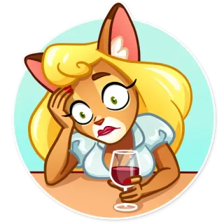 😐 gato, mujer, vino, aburrido/a, bebiendo, dibujo animado, rubia telegram sticker