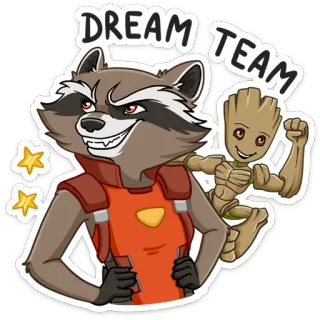 🤝 Rocket Raccoon DREAM TEAM rocket raccoon, groot, marvel, guardians of the galaxy, tim impian, kartun telegram sticker