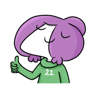 👍 21 สติกเกอร์, การ์ตูน, ยกนิ้วโป้ง, ผมสีม่วง, เสื้อเขียว telegram sticker