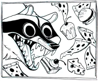 🍕 rakun, makanan, pizza, kue, hidangan penutup, kartun, hewan, hitam putih telegram sticker