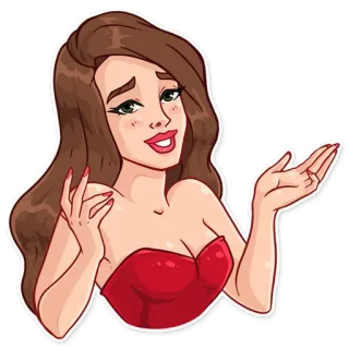 🤷‍♀️ 만화, 여자, 빨간 드레스, 포즈, 일러스트, 갈색 머리 telegram sticker