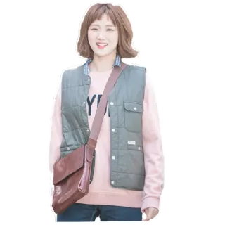 😁 YE femme, portrait, coréen, mignon, sourire, gilet, sac telegram sticker