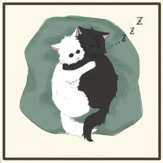 🐈 Katzen, schlafend, Umarmung, Schwarzweiß, niedlich, Cartoon telegram sticker