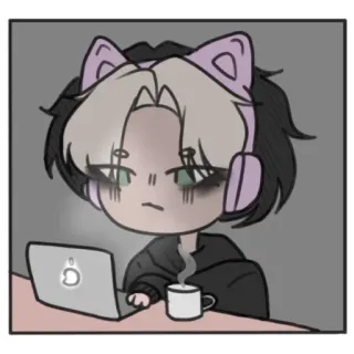 ⚪️ anime, słuchawki kocie uszy, zmęczony/a, laptop, kawa telegram sticker