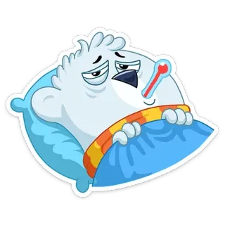 😀 malade, maladie, thermomètre, rhume, grippe, lit, ours polaire, dessin animé telegram sticker