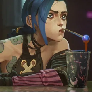 🕳 Jinx Arcane anime, League of Legends, capelli blu, personaggio, bere telegram sticker