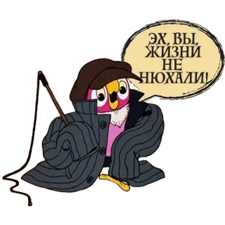☝️ ЭХ, ВЫ, ЖИЗНИ НЕ НЮХАЛИ! coruja, desenho animado, russo, chapéu, casaco telegram sticker