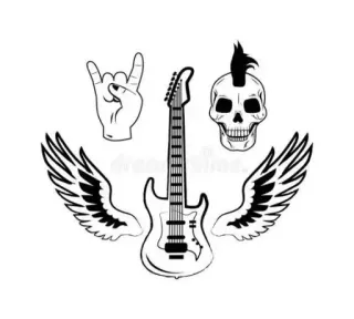 🎶 ร็อกแอนด์โรล, กีตาร์, เขาวัว, หัวกะโหลก, ปีก, ดนตรี, วงดนตรี telegram sticker