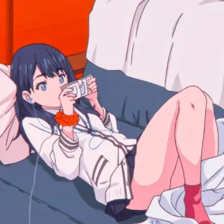 🙄 anime, ragazza, sdraiata, cuffie, rilassante, camera da letto, interno telegram sticker