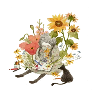 ☺️ dibujo, flores, gato, chica, girasoles, arte telegram sticker