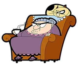 😐 dessin animé, mamie, chat, chaise, thé telegram sticker