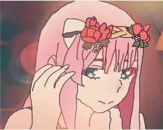😆 Zero Two Anime, Ragazza, Corona di fiori, Capelli rosa, Zero Two, Cartone animato, Personaggio telegram sticker