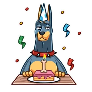 🥳 собака, день рождения, торт, вечеринка, праздник, доберман whatsapp sticker